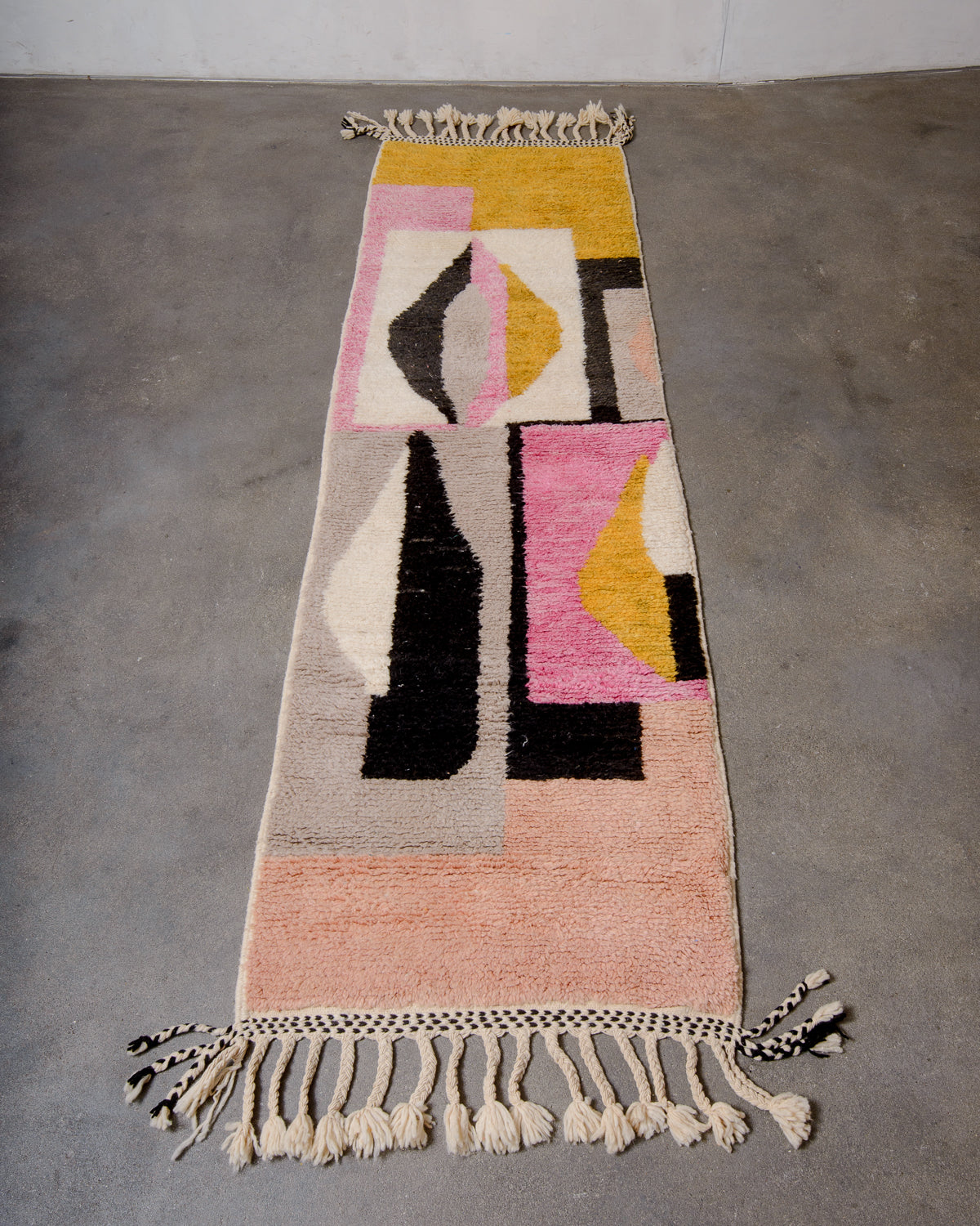 Modern, designer, handcrafted Berber runner rug from Morocco. Beniourain carpet with beautiful colours and patterns and fluffy wool texture.